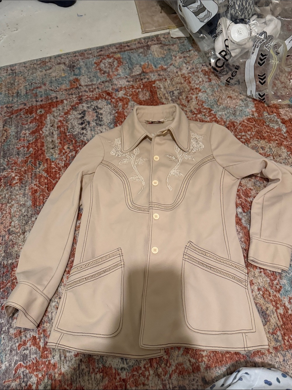 Bakkali vintage men's Embroidered Beige Button-Front Jacket western shirt